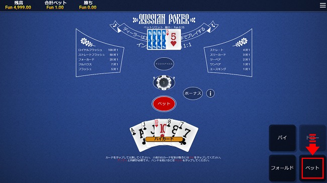 ベットでそのままの手札で勝負する