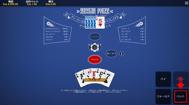 ベットでそのままの手札で勝負する