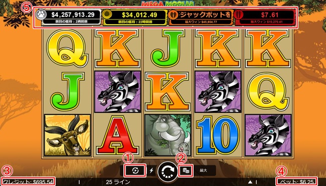メガムーラ(MEGA MOOLAH)の画面説明