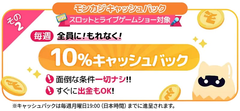 毎週、全プレイヤー対象の10％キャッシュバック