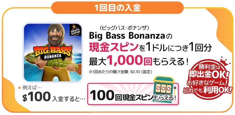 1回目の入金は最大1,000回現金スピン