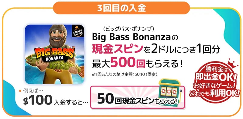 3回目の入金は最大500回現金スピン